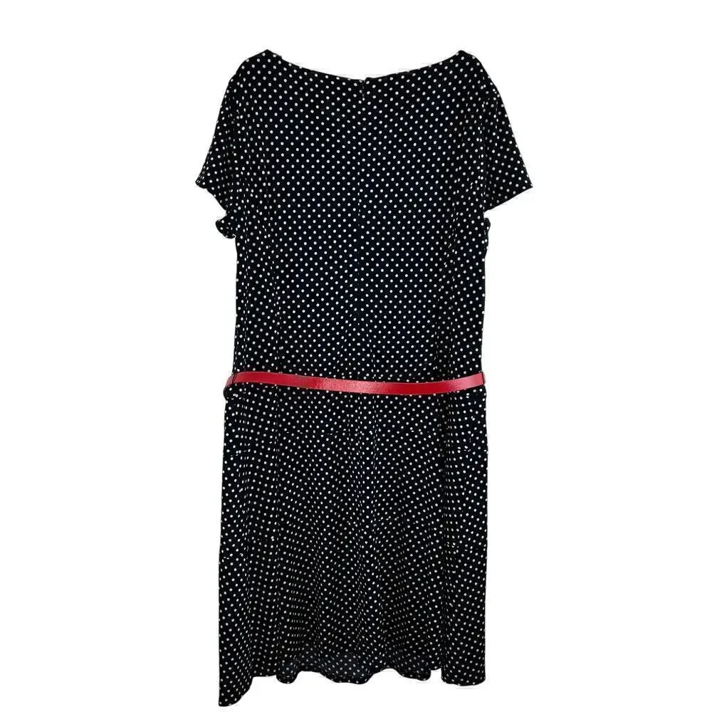 Eliza J Black and White Polka Dot Red Belted Dress Size 16W Corpcore Retro